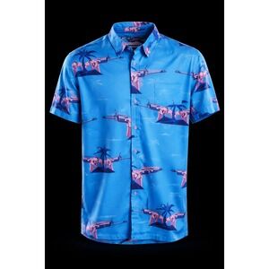 Retro Rifle The Palm Mens 2XL Blue Pink Synthwave Gun Print Button Down Shirt